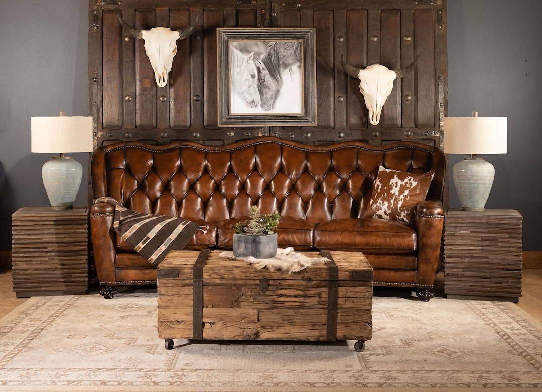 Victoria Tufted Leather Sofa Fine Furniture Rustic Elegance Western ranch Style Top Grain American Made Etsy UK