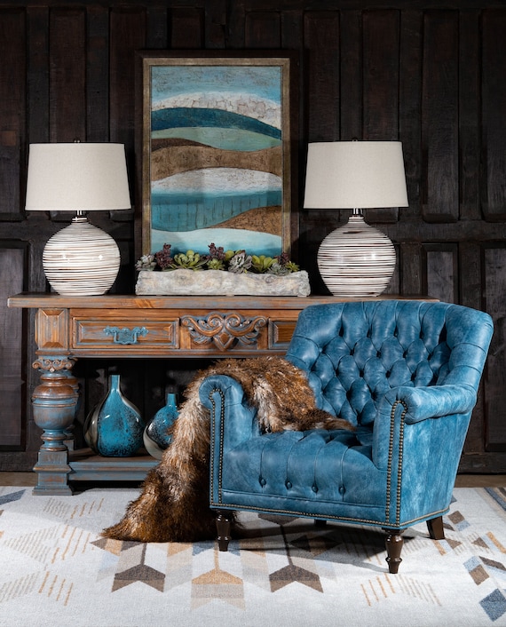 Levi Leather Lounge Chair Tufted Denim Blue Modern - Etsy