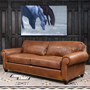 Cattleman Leather Sofa | Western Style | Distressed Leather | Full Grain | 8 Way Hand Tied Construction | High End | Comfortable