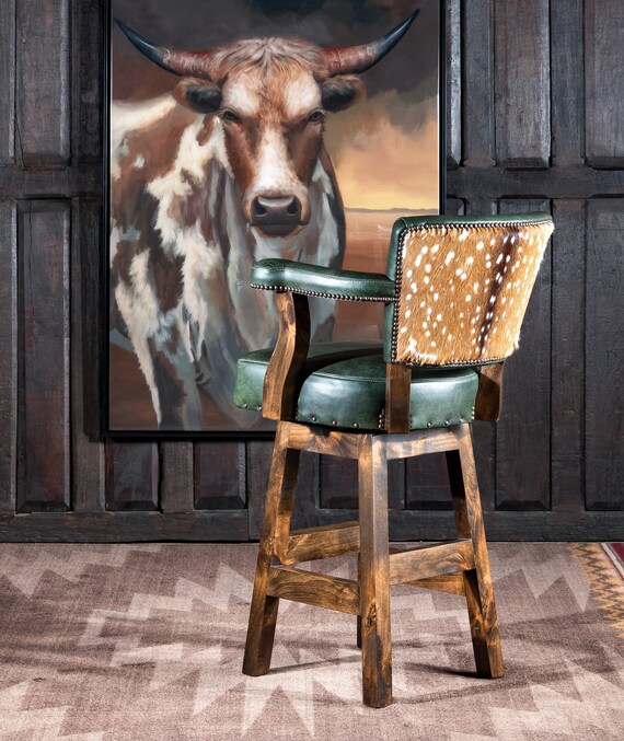 Green Leather Barstool | Axis Hide, Cowboy Boot Stitch | Western