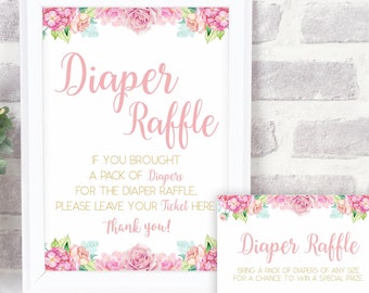 Diaper Raffle Ticket, Diaper Raffle Insert, Printable Baby Shower Games Pink, Boho Diaper Raffle Sign and Tickets, BAG03