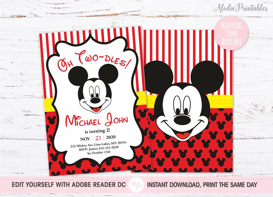 Oh Twodles MICKEY MOUSE Invitation 2nd Birthday Invitation Etsy