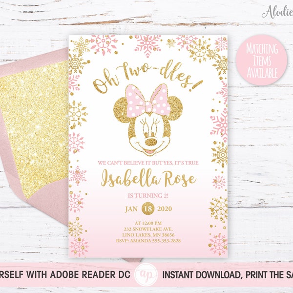 Oh Two-dles MINNIE MOUSE 2nd Birthday Invite, Winter Invite second bday, Minnie Mouse sticker, Minnie Mouse labels, Minnie Mouse tags, Bdi59