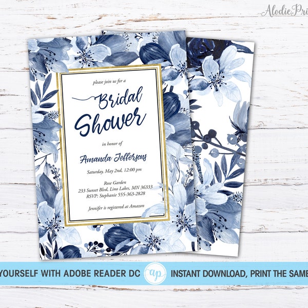 Navy Blue Flowers Bridal Shower Invitation, Instant Download, Printable template, Editable DIY Invite, Blue gold glitter, BS26