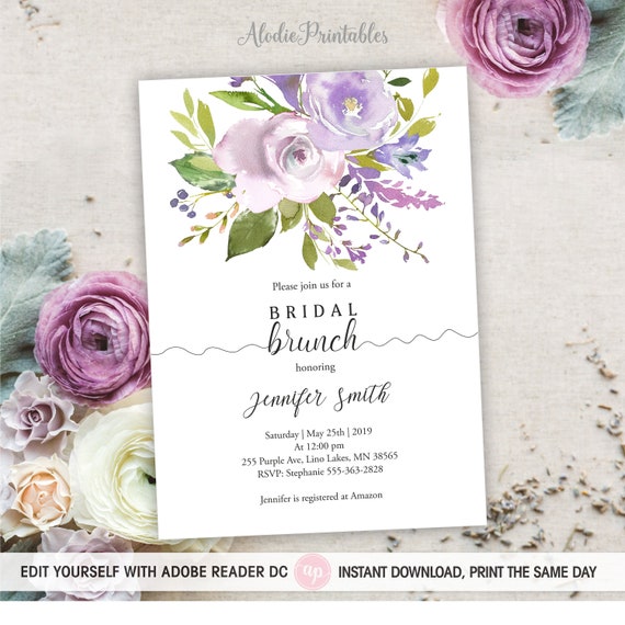Lavender Roses Brides Bundle Digital Printable LF1 Personalized Purple Floral Invite Lilac Bachelorette Bridal Shower Invitation Suite