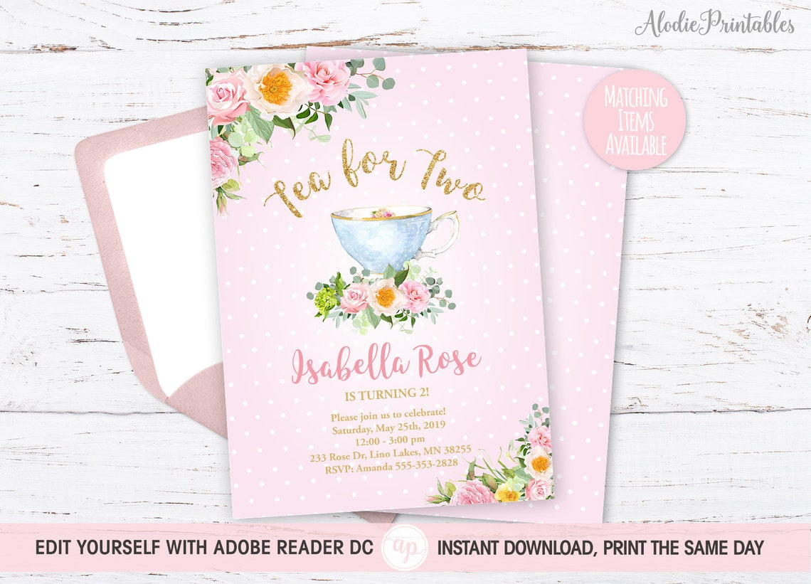 TEA for TWO Invitation Girl Second Birthday Invite 2nd Etsy