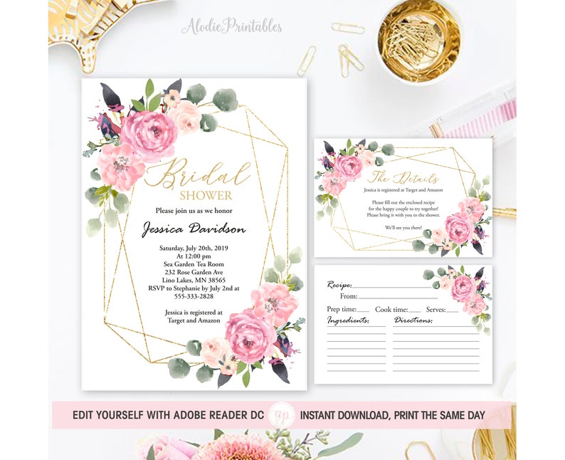 Blush Bridal Shower Invitation & Details Card Set Pink Bridal Etsy