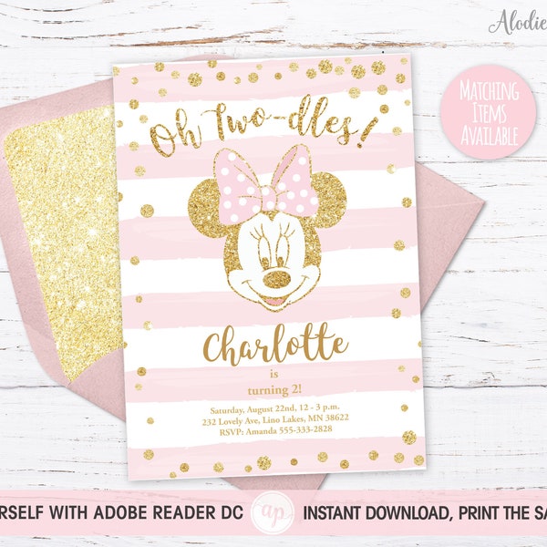Oh Twodles MINNIE MOUSE 2nd Birthday Invitation Girl, Two-dles Second Birthday Party Invite, Instant Download PDF template, Bdi68