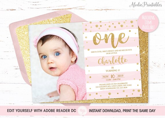 1st BIRTHDAY INVITATION Girl Photo First Birthday Party | Etsy