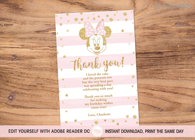 Thank You Card Minnie Mouse Thank You Note Template Oh - Etsy