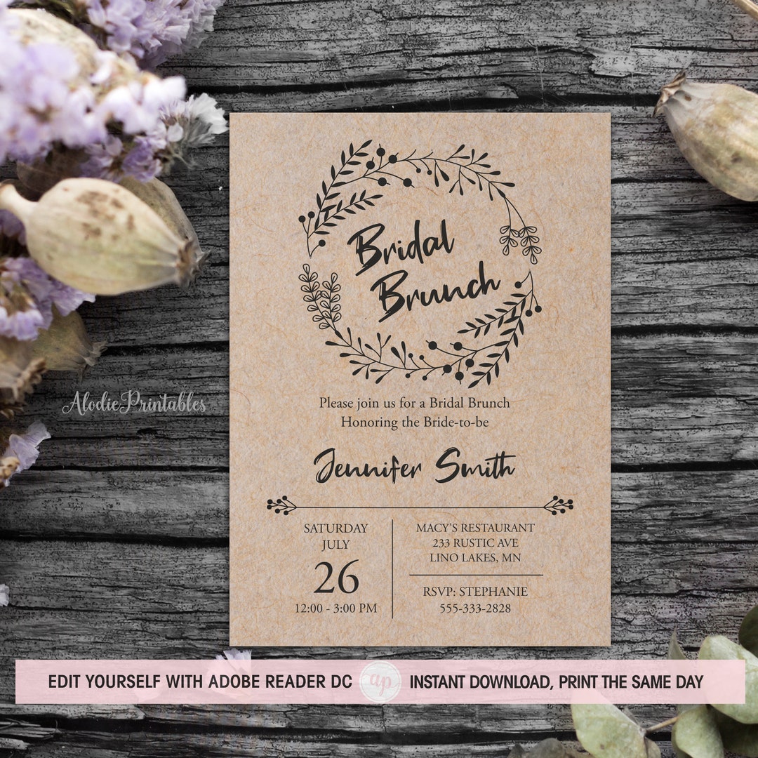 Rustic Bridal Shower Invitation Template, Bridal Brunch Invite, Instant ...
