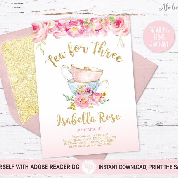 Tea for Three Invitation, 3rd birthday invite template, Tea Party Invite, Bdi63