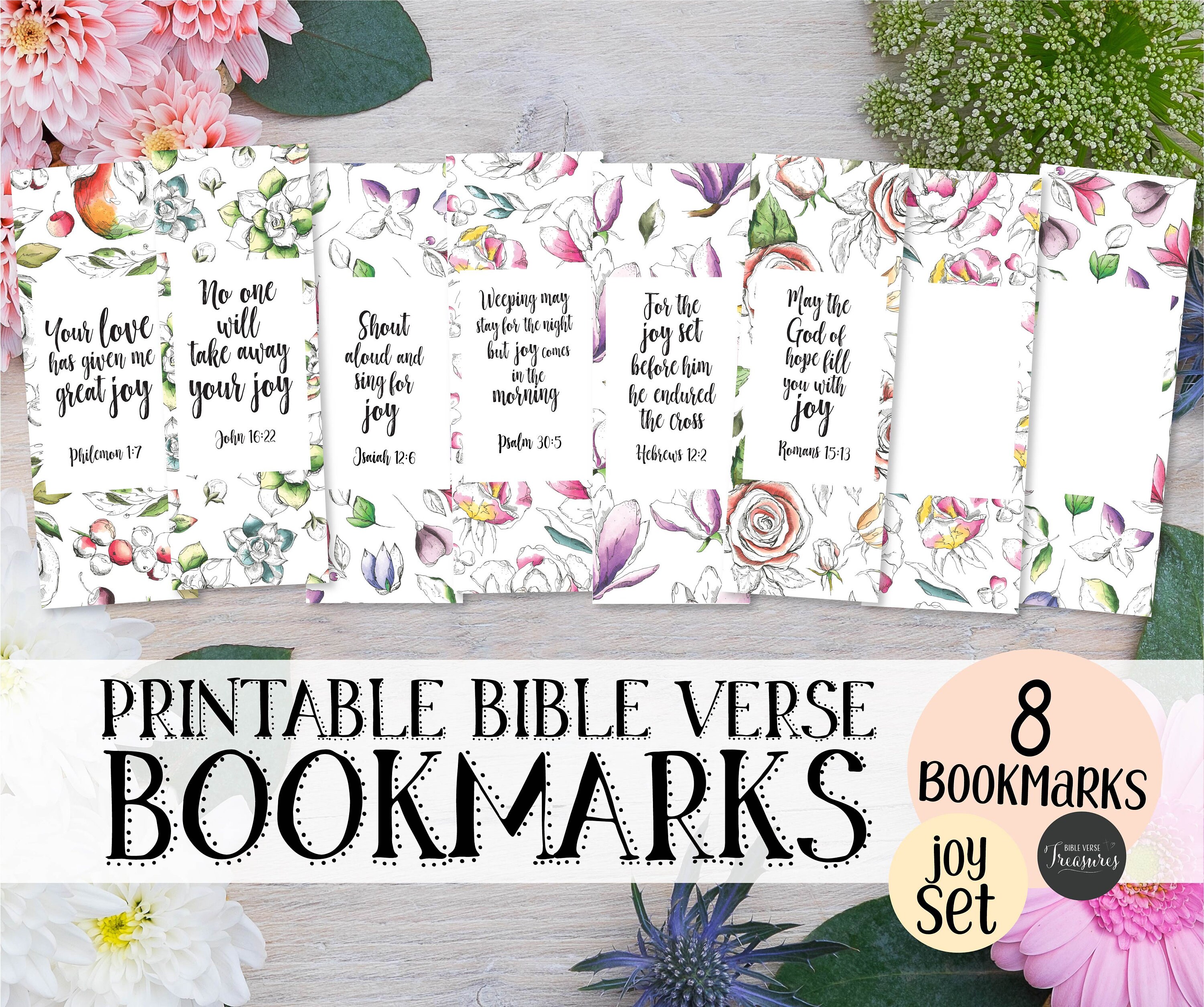 printable bookmarks set of 8 joy bible verse texts instant etsy
