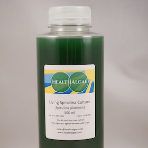 May include: A green plastic bottle with a white lid containing a living Spirulina culture. The label reads "HEALTHALGAE Living Spirulina Culture (Spirulina platensis) 500 ml Art. : A-5002-0500 Batch: 18-14-0004 Use to start your own culture. Keep open in a lighted window until usage. order@healthalgae.com www.healthalgae.com"