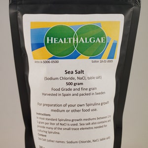Sea Salt 500 gram Swedish Food Grade (Sodium Chloride/NaCl/ table salt), for use as food or to Spirulina culture, grow live living Spirulina