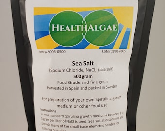Sel de mer 500 g de qualité alimentaire suédoise (chlorure de sodium/NaCl/sel de table), à utiliser comme aliment ou pour la culture de spiruline, faire pousser de la spiruline vivante