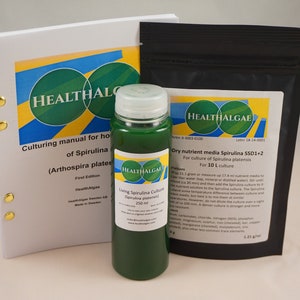 HealthAlgae Live Spirulina platensis (250 ml) + 10 L dry Spirulina grow medium SSD1+2 - algae culture+ fertlizer, Grow your Living Spirulina
