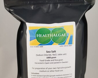 Sel de mer 1 800 g de qualité alimentaire suédoise (chlorure de sodium/NaCl/sel de table), à utiliser comme aliment ou pour la culture de spiruline, faire pousser de la spiruline vivante