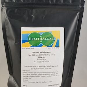 May include: A black resealable bag of sodium bicarbonate, also known as baking soda, from Healthalgae. The bag contains 900 grams of food grade sodium bicarbonate, produced in Sweden. The label includes instructions for use in Spirulina growth mediums.
