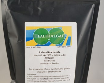 Bicarbonate de sodium - Qualité alimentaire 900 g (NaHCO3 / E500 / bicarbonate de soude), tampon pH de spiruline ou de culture d'algues, qualité alimentaire suédoise