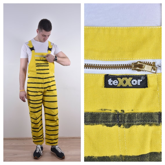 90'S Vintage Denim Overall Yellow Overall Striped