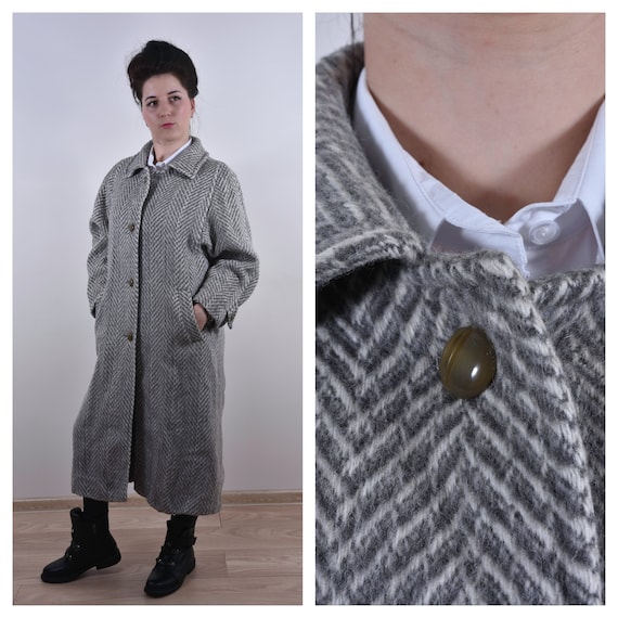 Vintage Women Harringbone Coat Long Coat Gray Coat