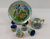 Vintage Chinese Cloisonne Miniature Tea Set Hand-painted Enamel Color Light Blue With Flowers, Birds Cranes Design Ornamental Teapot Cups
