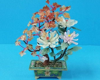 ヴィンテージハンドメイド鉢植え翡翠花風景、可動式五色桃花盆栽翡翠木
