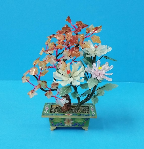 Vintage Red Leaf Chrysanthemum Bonsai Jade Tree, Handmade Potted Jade Agate  Flower Landscape, Chinese Cloisonne Rectangular Green Flower Pot - Etsy