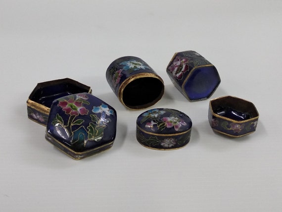 Vintage Chinese Cloisonne Copper Enamel Dark Blue Jewelry Ring