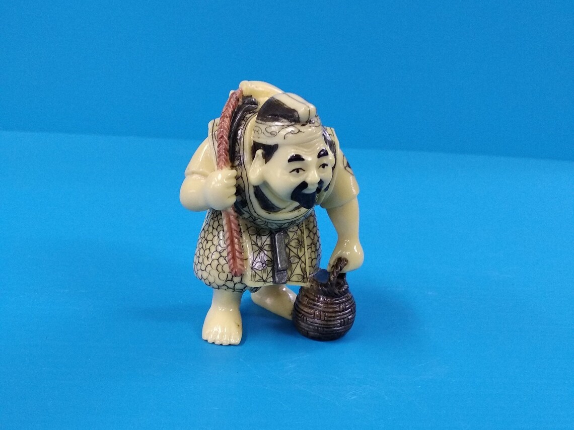 Vintage Hand Carved Japanese Fisherman Statue Figurine Etsy