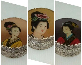 Vintage Hand-painted Oriental Beauties Powder Box With Glass Inner Painting, Chinese Silver-plated Round Small Trinket Jewelry Ring Gift Box