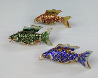 ヴィンテージ中国七宝焼きハンドメイド関節式魚ペンダントキー