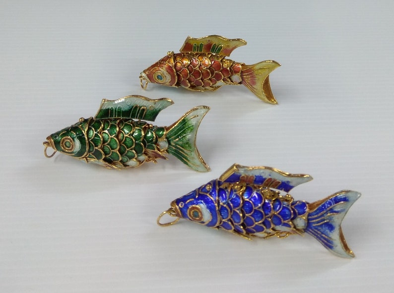 Blue Gold Koi Fish Charm Vintage Chinese Cloisonne Handmade Articulated Fish Pendant Keychain Gold-plated Enamel Color Green