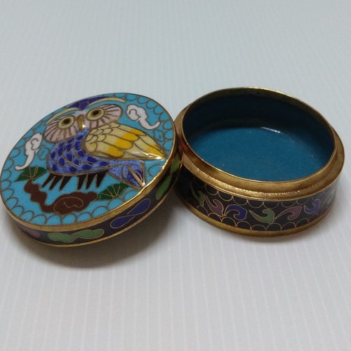 Vintage Cloisonne Round Owl Trinket Box Ring Box,Hand-painted Owl Bird Necklace Jewelry Box,Copper Enamel Black White Cufflinks store Keepsake Box