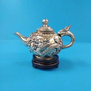 Vintage Collectible Copper Silver-plated Embossed Dragon Teapot,Hand Carved Dragon Handle Tea Pot Wine Pot,Oriental Tea House Artwork Decor