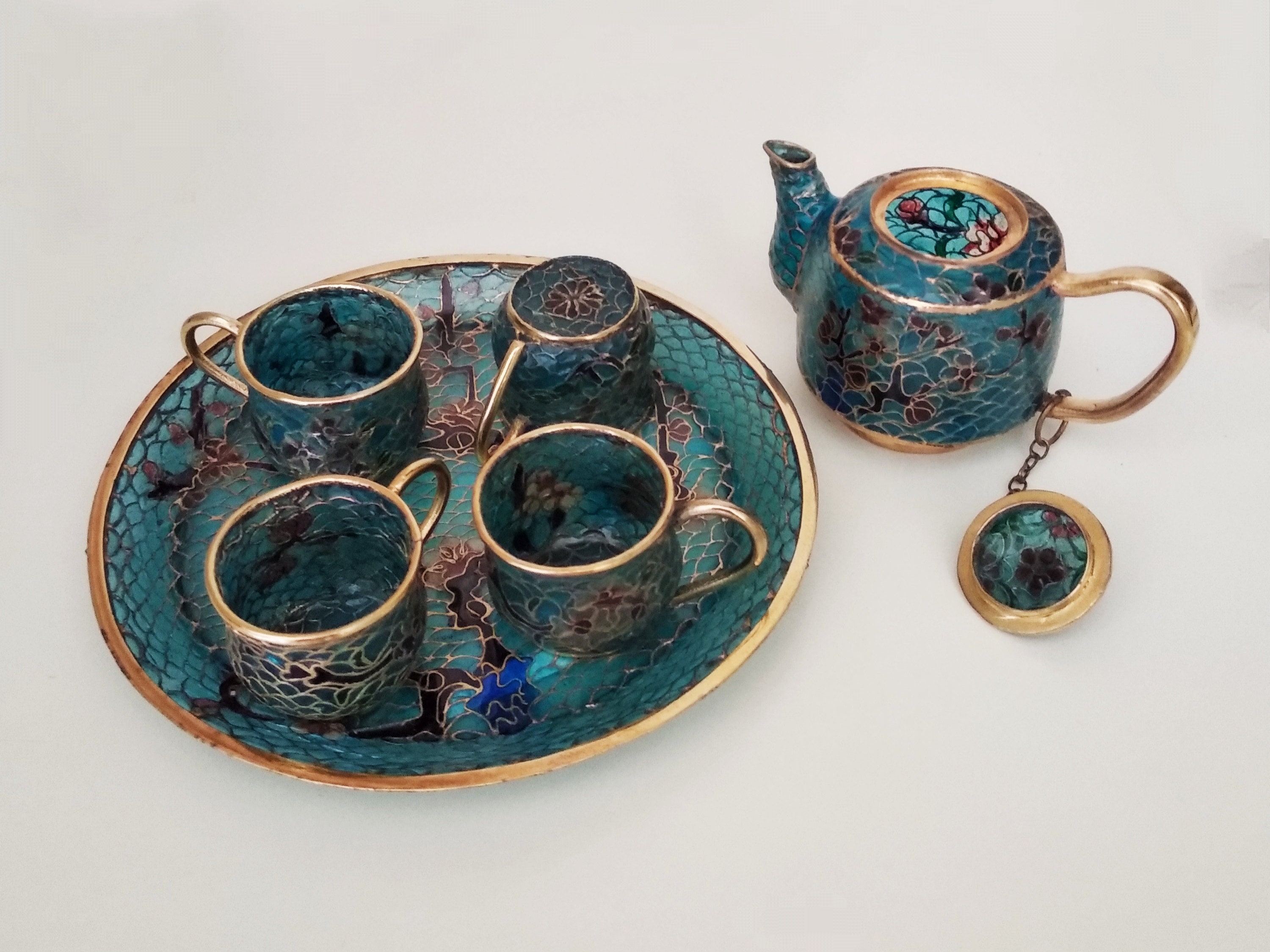 Vintage Chinese Transparent Cloisonne Round Tea Set,silver Blue Floral ...