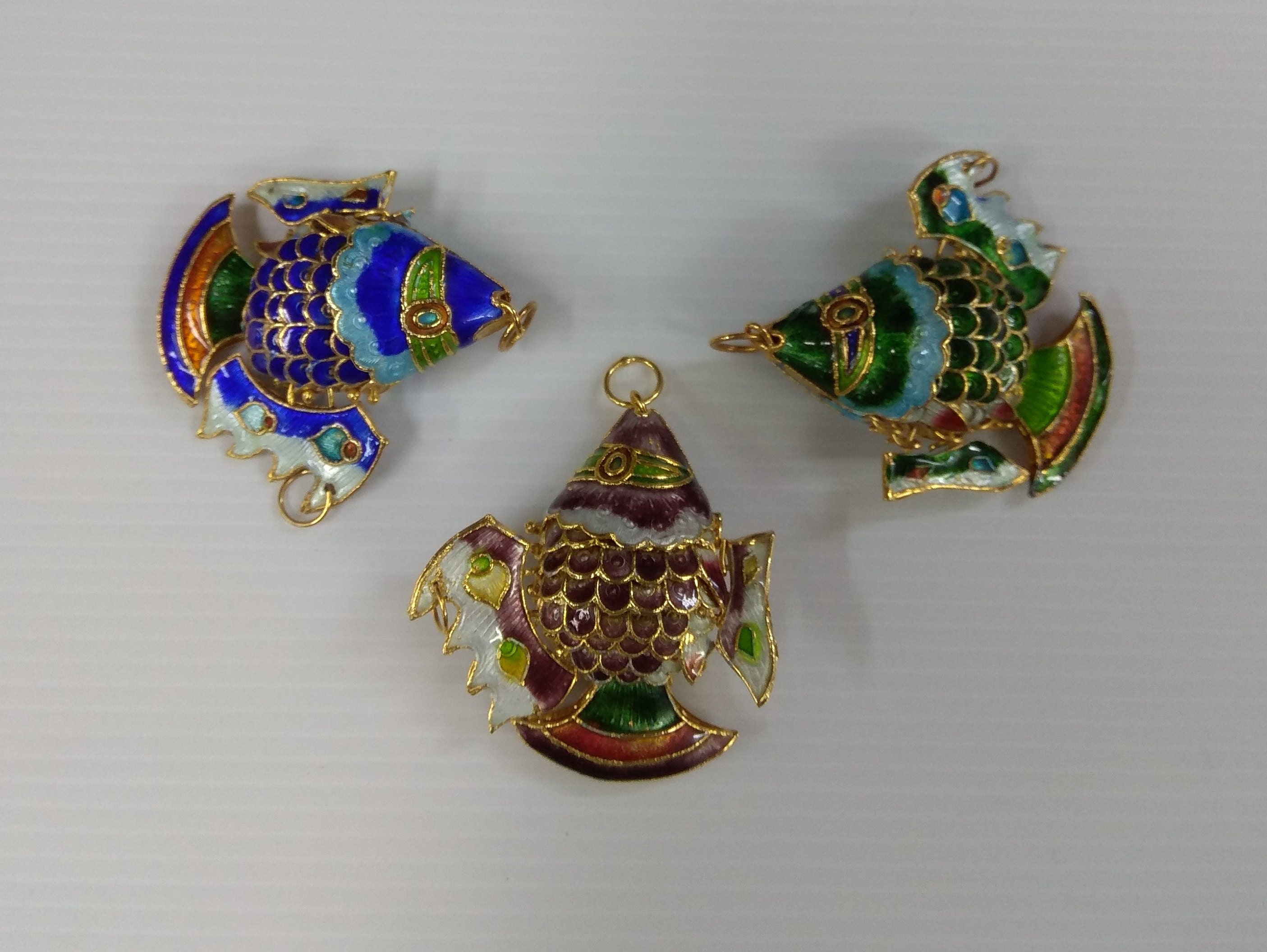 ヴィンテージ中国七宝焼きハンドメイド関節式魚キーチェーンペンダント