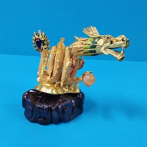 Vintage Chinese Cloisonne Filigree Dragon Statue,Gold Plated Copper Enamel Coiled Dragon Figurine, Handmade Feng Shui Golden Dragon Ornament