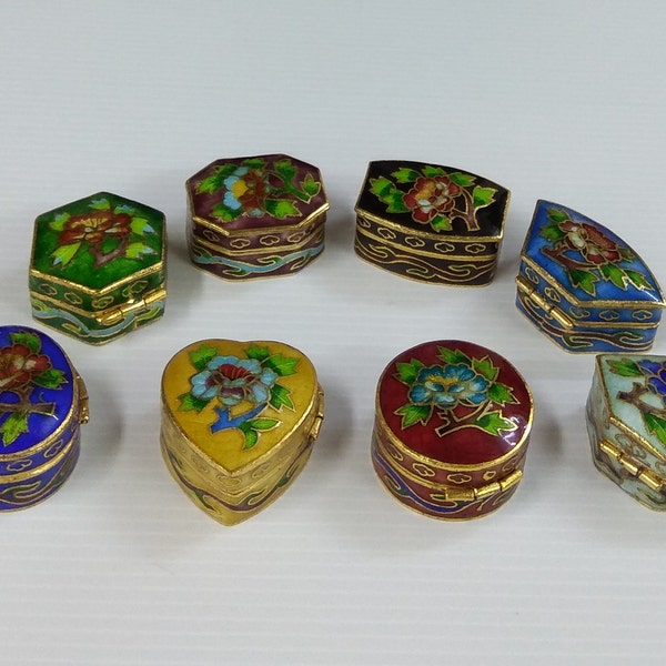 Chinese Vintage Cloisonne Miniature Trinket Box, Ring Jewelry Box, Copper Enamel Black Blue Orange yellow White Green Purple Small Pill Box