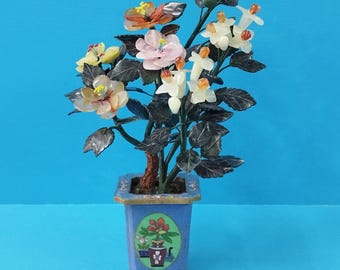 ヴィンテージハンドメイド鉢植え翡翠花風景、可動式五色桃花盆栽翡翠木