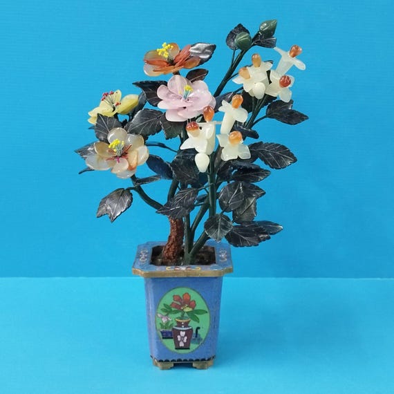 Vintage Handmade Potted Jade Agate Flower Landscape,red Yellow