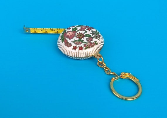Vintage Chinese Cloisonne Mini Retractable Tape Measure & Key Chain Combo,  Gold Plated Enamel Round White, Blue Travel Pocket Measuring Tape -   Israel