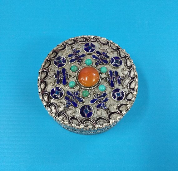 中国古美術・青色宝石風シルバーリング10個セット（1箱）・工芸品・装飾品・箱付 Vintage Hand Carved Cloisonne Blue Enamel Agate Turquoise