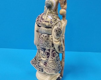 ヴィンテージの手彫り寿星像、中国美術における長寿の道教の神、幸運の