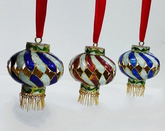 Vintage Handmade Round Chinese Cloisonne Lantern,Birthday Wedding Christmas Art Ornaments,Copper Enamel Blue Gold Light Blue Hanging Lantern