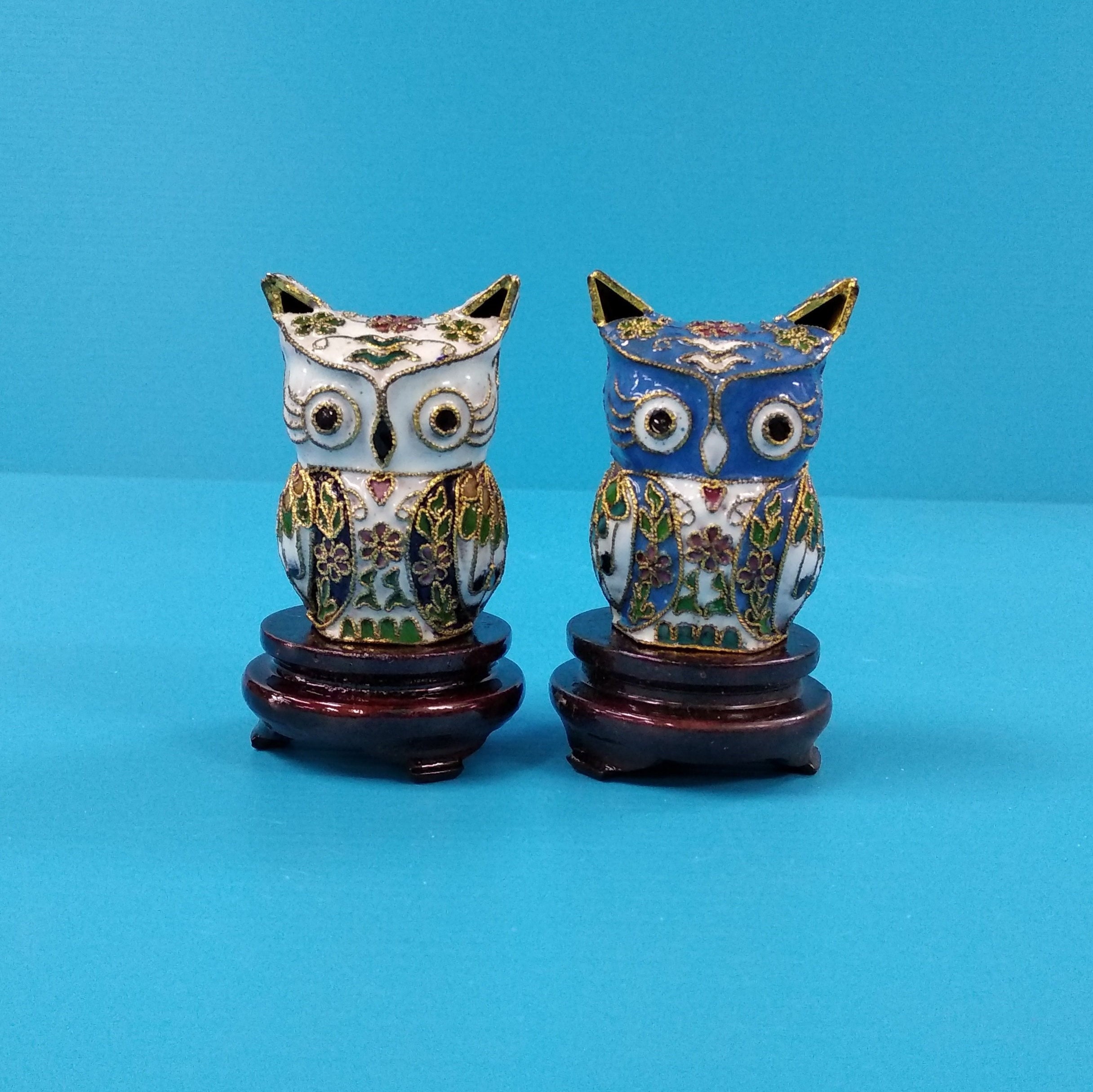 Vintage Chinese Cloisonne Mini Owl Figurine,Gold Plated Copper Enamel Light Blue White Owl Statue,As