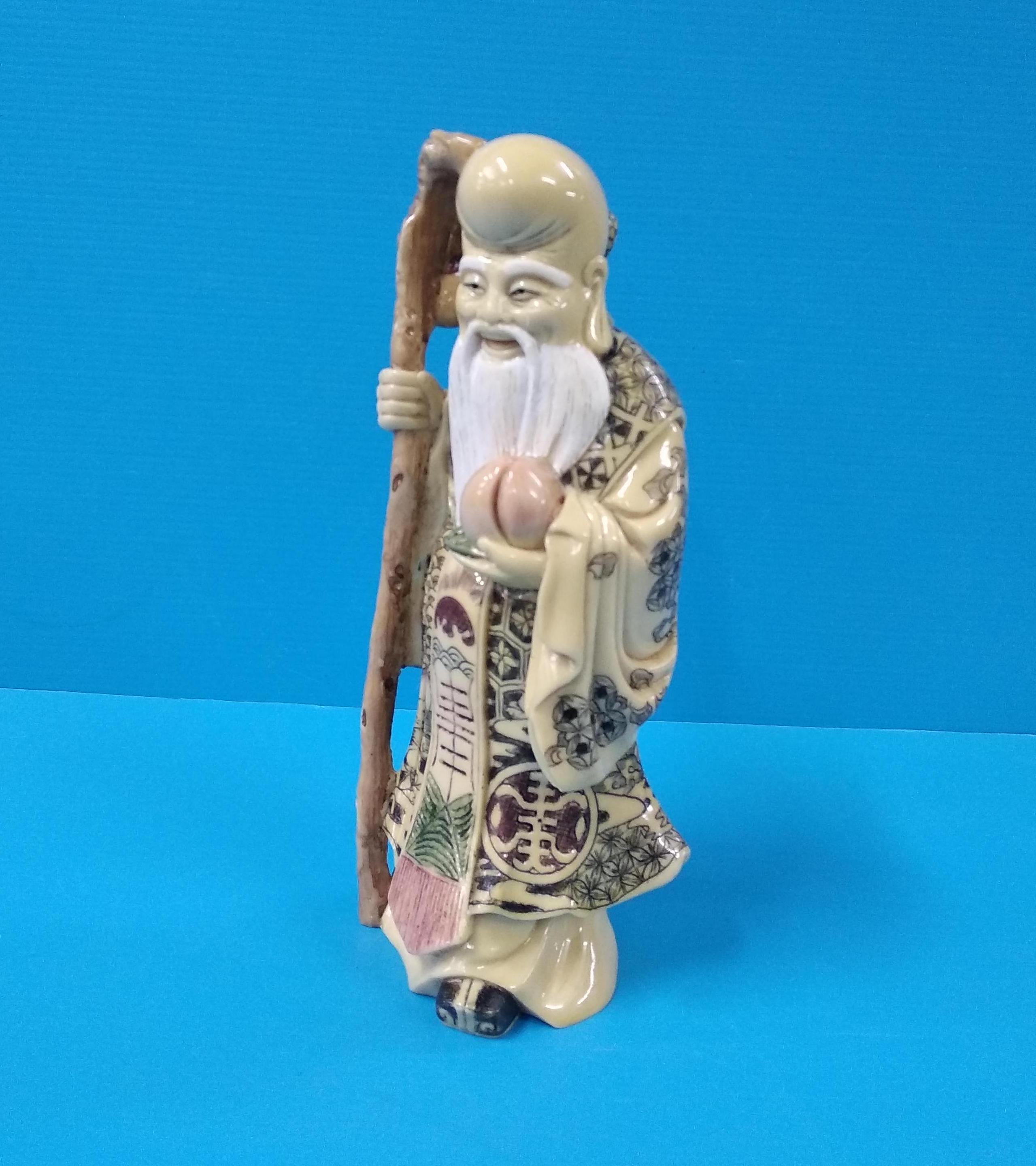 ヴィンテージの手彫り寿星像、中国美術における長寿の道教の神、幸運の