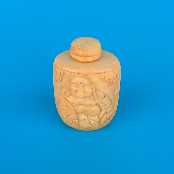 Vintage coleccionable hecho a mano hueso chino tallado botella de rapé con estatua de Buda en relieve hecha a mano