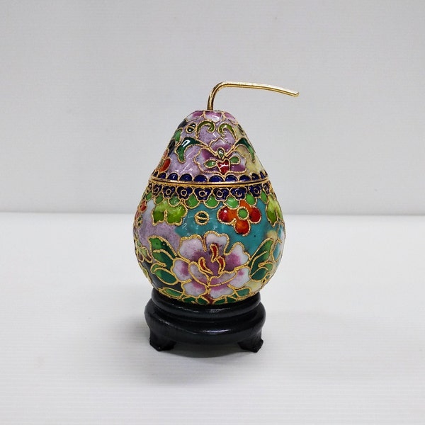 Vintage Chinese Cloisonne Peach Shaped Trinket Jar,Gold Plated Copper Enamel Jewelry Ring Box,Hand Painted Blue Pink Floral Round Small Vase